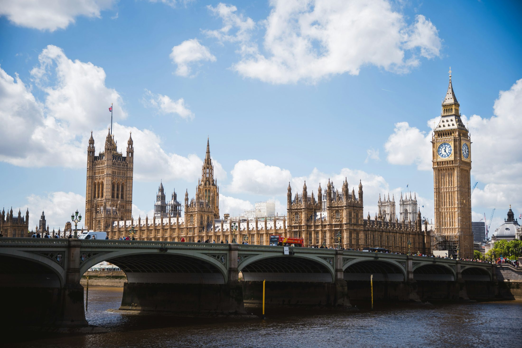 The Houses of Parliament and Big Ben across Westminster Bridge, London